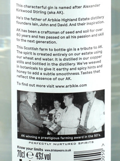 Arbikie AK’S Gin (defective cap/label)