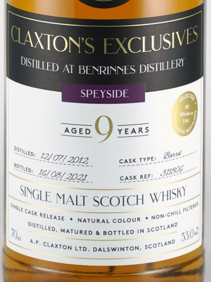 Claxton's Exclusives Benrinnes 9 Year Old 2012