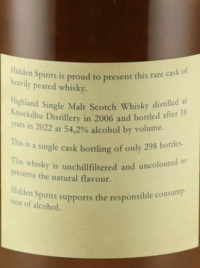 Hidden Spirits Knockdhu Heavily Peated 16 Year Old 2006
