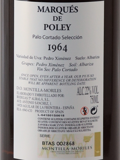 Bodegas Toro Albalá Palo Cortado Marqués de Porley 1964
