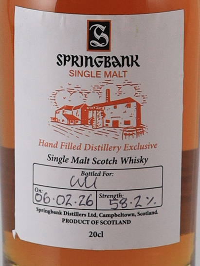 Springbank Hand Filled 2026-02-06 Bottled 58.2% 200ml (defective label)