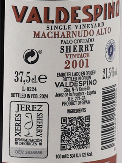 Valdespino Palo Cortado Vintage Sherry 2001 375ml
