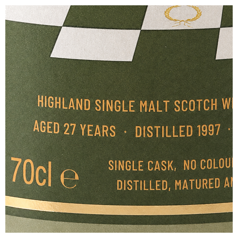 Ardmore label detail showing 27 years of age, 1997 distillation and 70cl bottle size