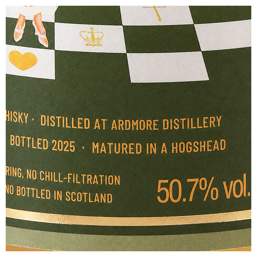 Ardmore label detail showing 2025 bottling, hogshead maturation and 50.7% ABV