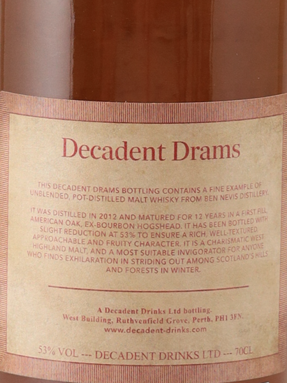Decadent Drams Ben Nevis 12 Years 2012 Bourbon Cask 53%
