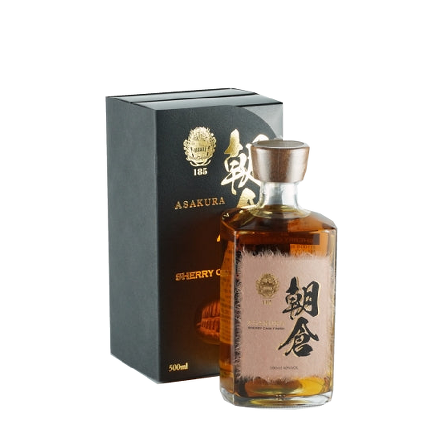 Shinozaki Asakura Sherry Cask Finish 500ml bottle beside its dark presentation box with gold lettering