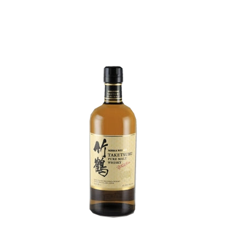 Nikka Taketsuru Pure Malt whisky bottle with cream label and black cap, front view