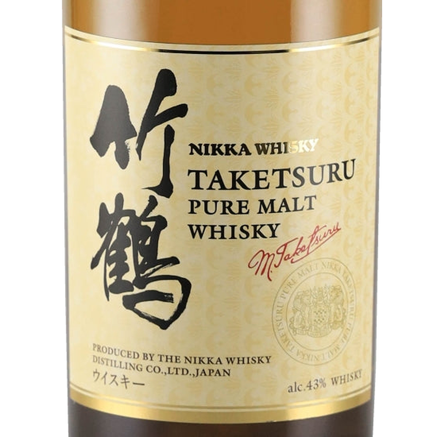 Taketsuru Pure Malt front label showing Japanese calligraphy, signature and 43% ABV