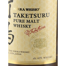 Load image into Gallery viewer, Taketsuru Pure Malt label detail with Masataka Taketsuru signature, crest and 43% ABV