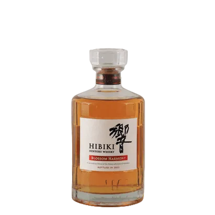 Full front view of Hibiki Blossom Harmony 2023 bottle with amber whisky against a white background