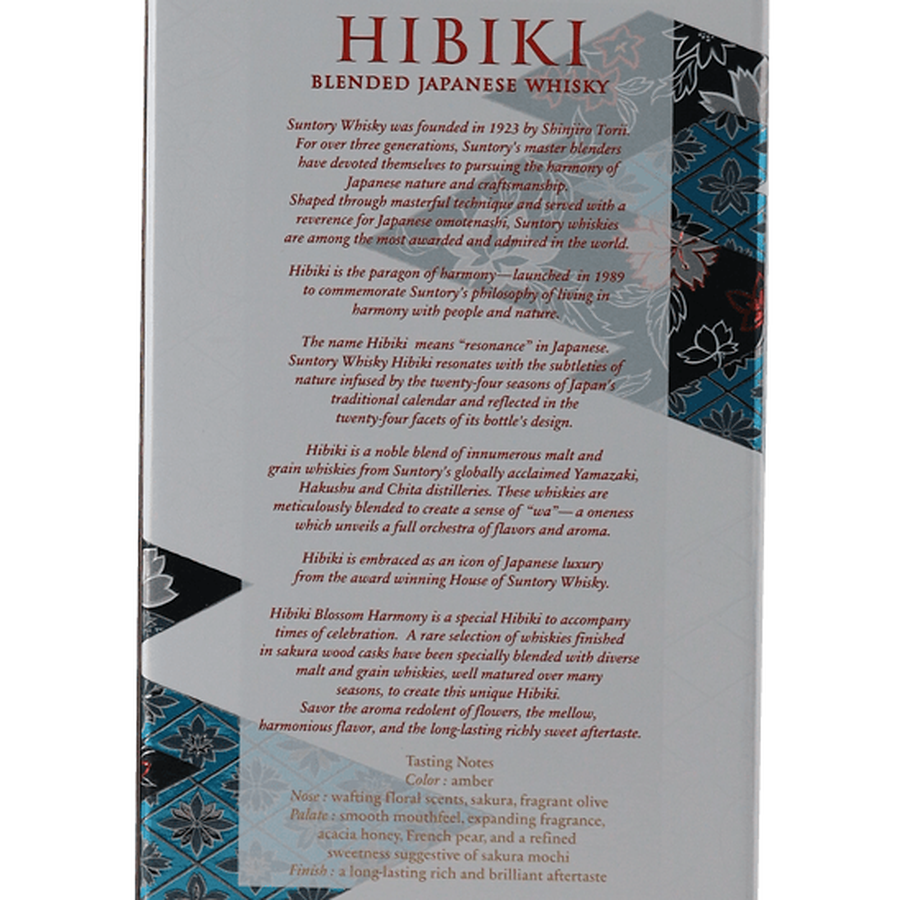 Back of Hibiki Blossom Harmony 2023 carton with English notes and turquoise floral panels