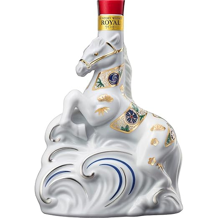 Suntory Royal 2026 Year of the Horse decanter with a white horse, colourful ornaments and wave-shaped base