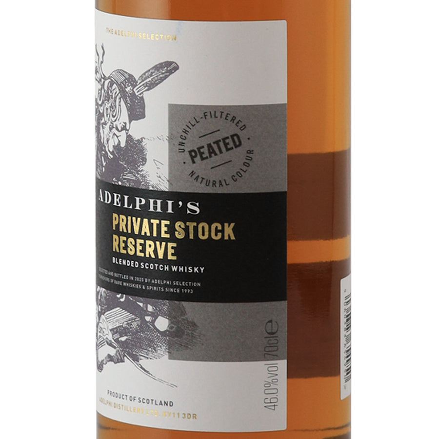 Adelphi Private Stock Reserve Peated 46% 700ml Blended Scotch Whisky - front label right angle