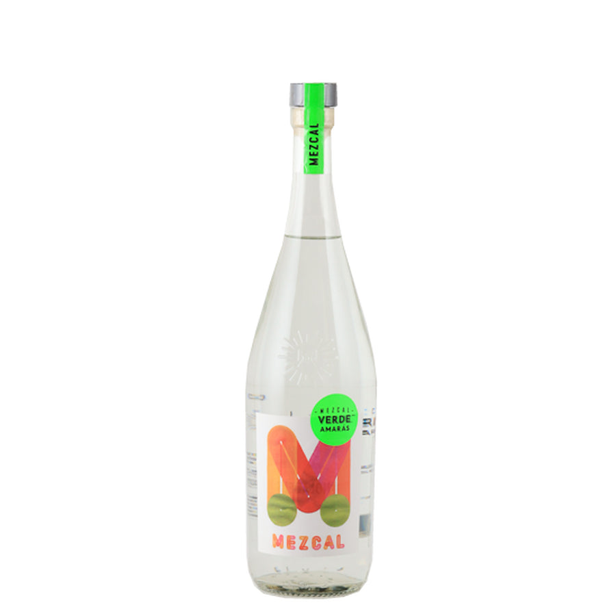 Amaras Verde Momento (10) Mezcal 700ml - Bottle front with colourful M artwork