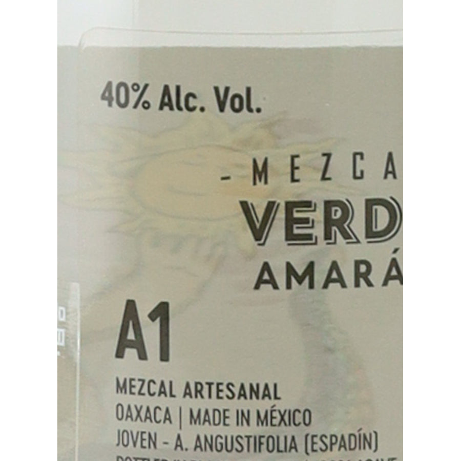 Amaras Verde Momento (3) mezcal, back label detail showing 40% ABV and Espadin agave