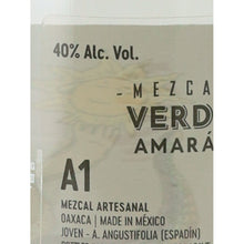 Load image into Gallery viewer, Amaras Verde Momento (3) mezcal, back label detail showing 40% ABV and Espadin agave