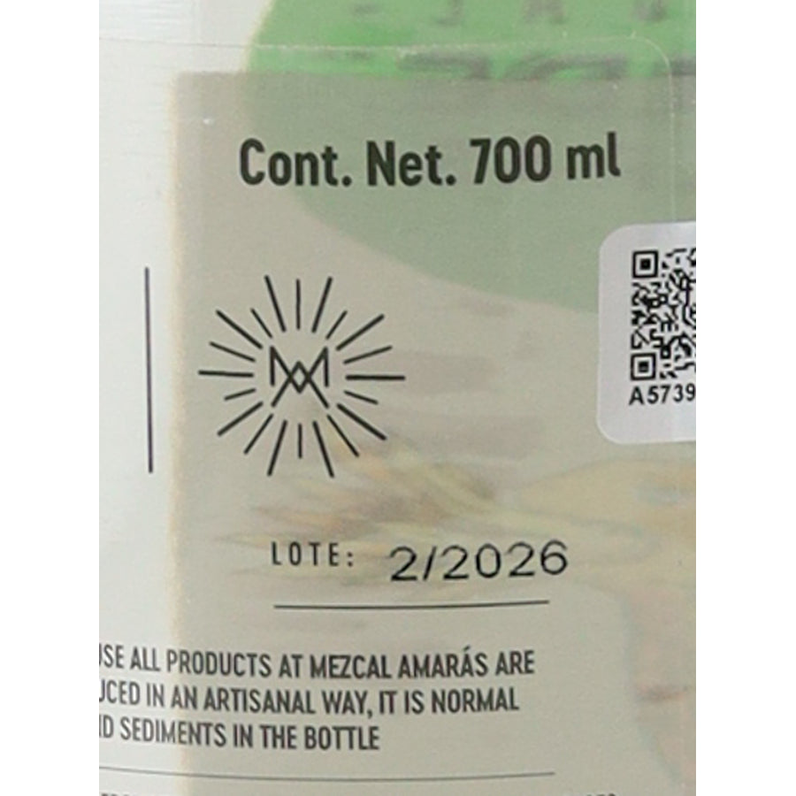 Amaras Verde Momento (3) mezcal, back label detail showing 700ml size and lot number