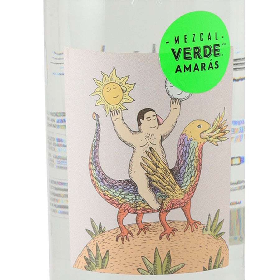 Amaras Verde Momento (3) mezcal, front label with a figure riding a colourful mythical bird