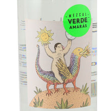 Load image into Gallery viewer, Amaras Verde Momento (3) mezcal, front label with a figure riding a colourful mythical bird