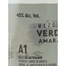 Load image into Gallery viewer, Amaras Verde Momento (4) mezcal, back label detail showing 40% ABV and Espadin agave