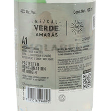 Load image into Gallery viewer, Amaras Verde Momento (4) mezcal, back label with Mexican origin and barcode