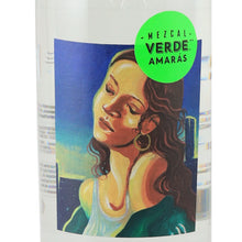 Load image into Gallery viewer, Amaras Verde Momento (4) mezcal, front label featuring a painted woman and green Verde Amaras emblem