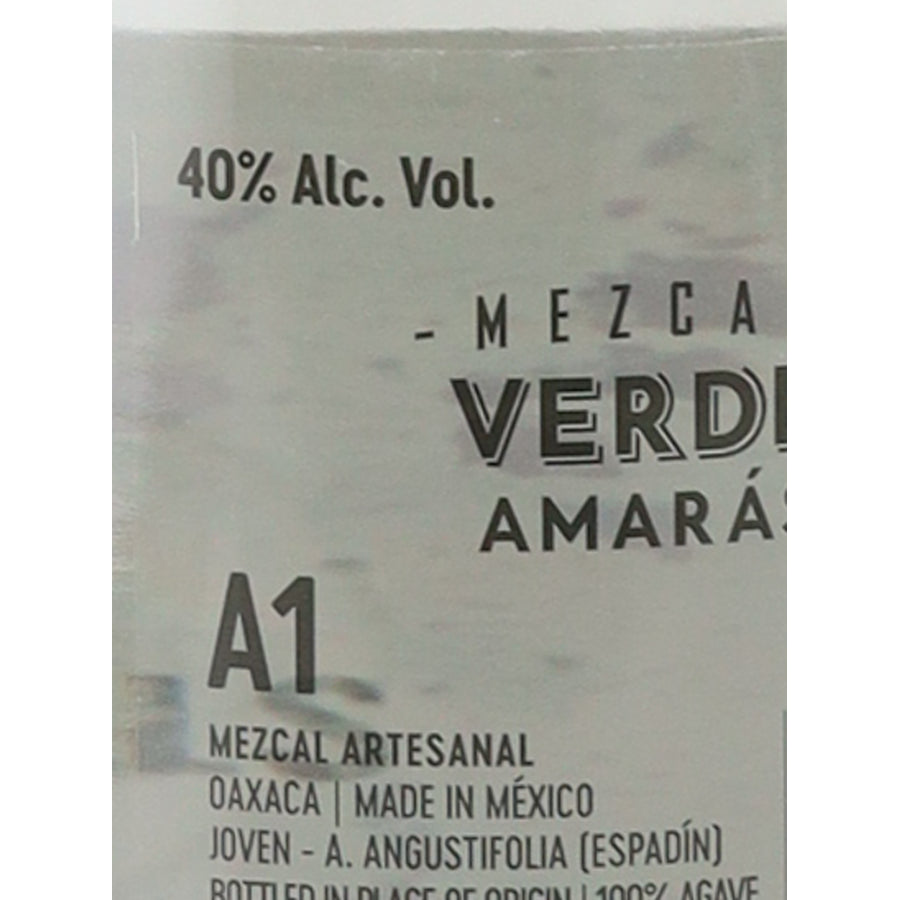 Amaras Verde Momento (7) mezcal, back label detail showing 40% ABV and Espadin agave