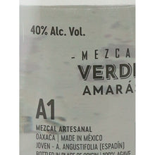 Load image into Gallery viewer, Amaras Verde Momento (7) mezcal, back label detail showing 40% ABV and Espadin agave