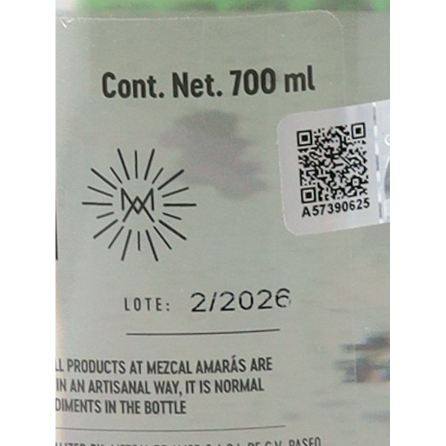 Amaras Verde Momento (7) mezcal, back label detail showing 700ml size and lot number