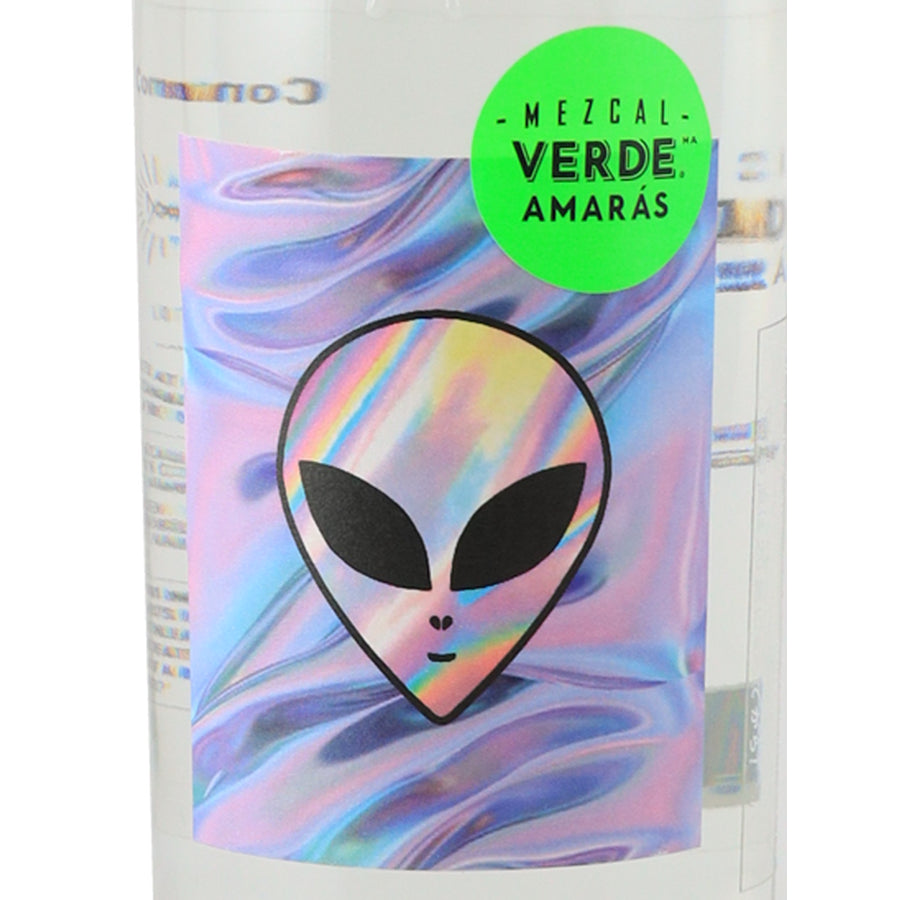 Amaras Verde Momento (7) mezcal, front label with iridescent alien artwork and green Verde Amaras emblem