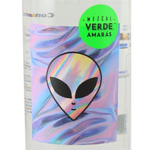 Load image into Gallery viewer, Amaras Verde Momento (7) mezcal, front label with iridescent alien artwork and green Verde Amaras emblem