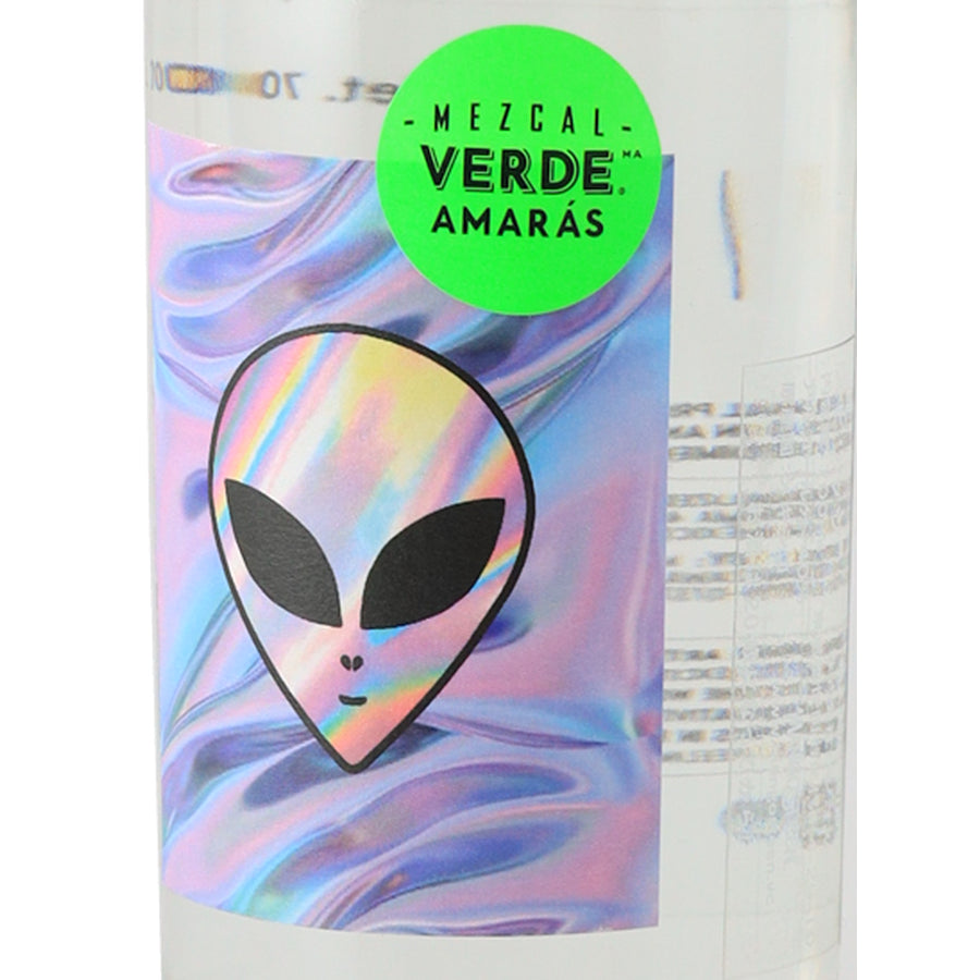 Amaras Verde Momento (7) mezcal, alien artwork label viewed from the right