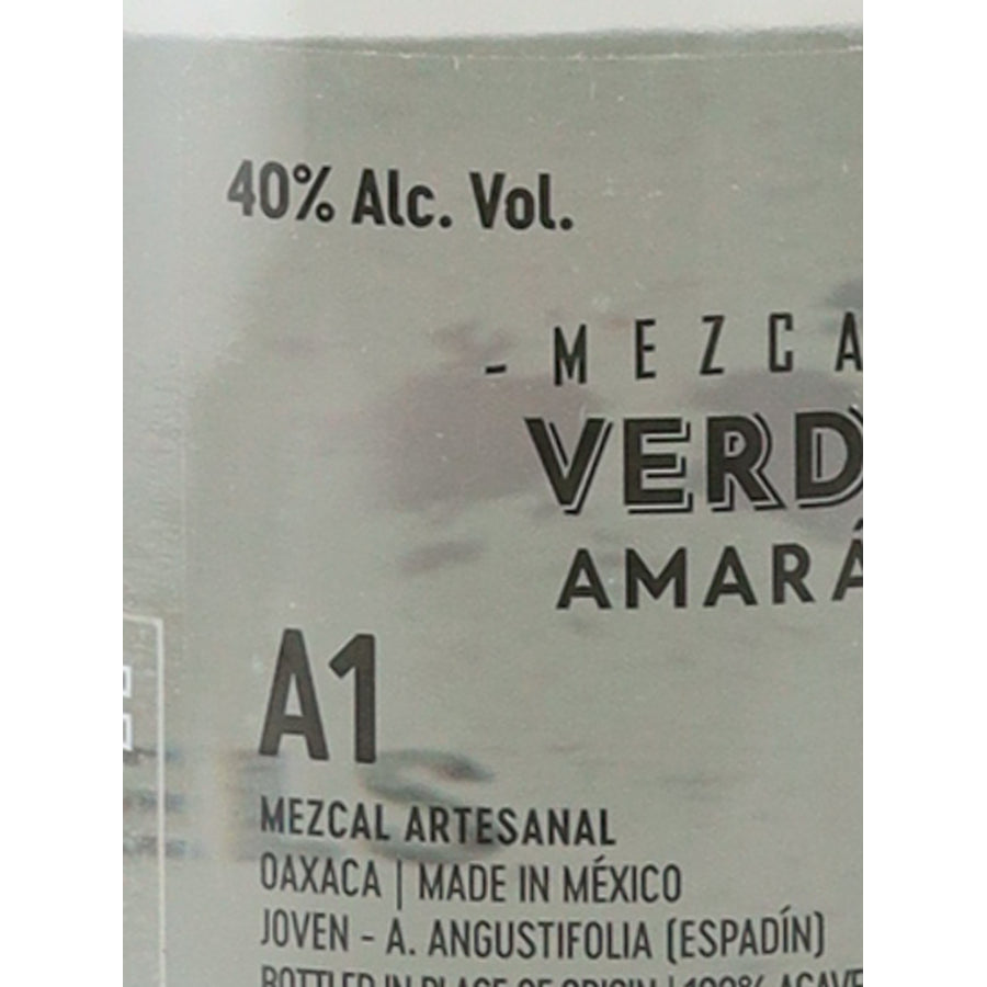 Amaras Verde Momento mezcal, 40% ABV and artisanal mezcal label detail