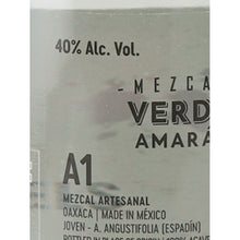 Load image into Gallery viewer, Amaras Verde Momento mezcal, 40% ABV and artisanal mezcal label detail