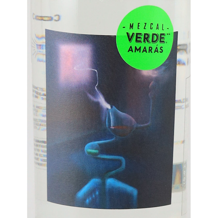 Amaras Verde Momento mezcal, artwork and green Verde Amaras label