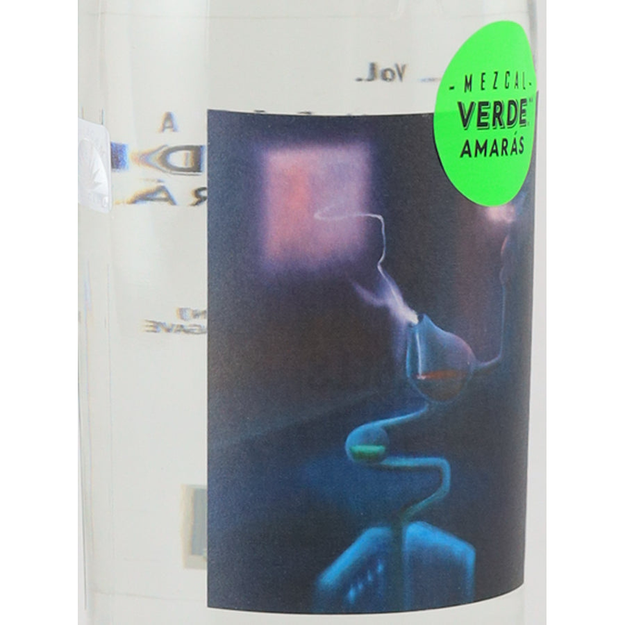 Amaras Verde Momento mezcal, left angle of the illustrated label