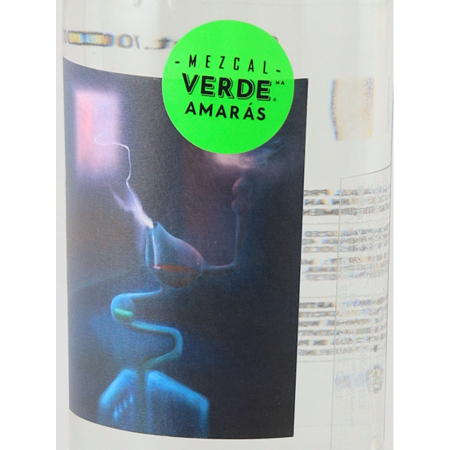 Amaras Verde Momento mezcal, right angle of the illustrated label