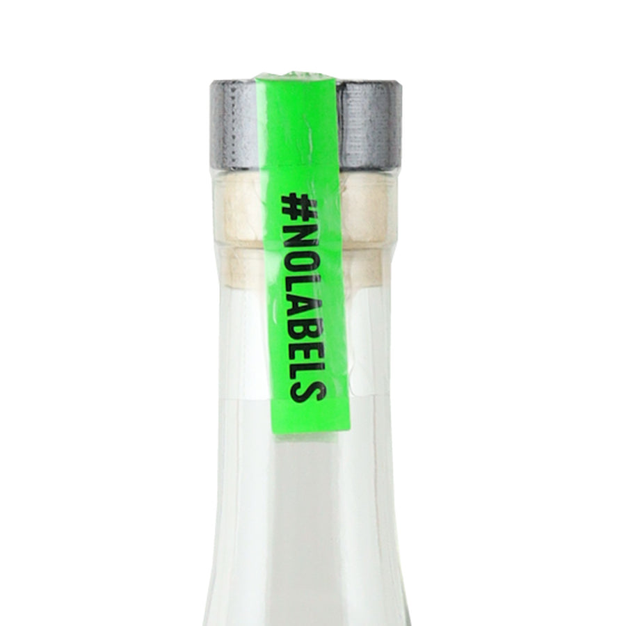 Amaras Verde Momento mezcal, reverse neck seal with No Labels lettering