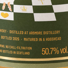 Load image into Gallery viewer, Ardmore label detail showing 2025 bottling, hogshead maturation and 50.7% ABV