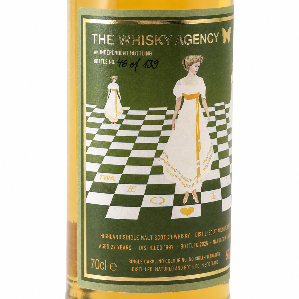Left-side label view of Ardmore 1997 27 Year Old by The Whisky Agency