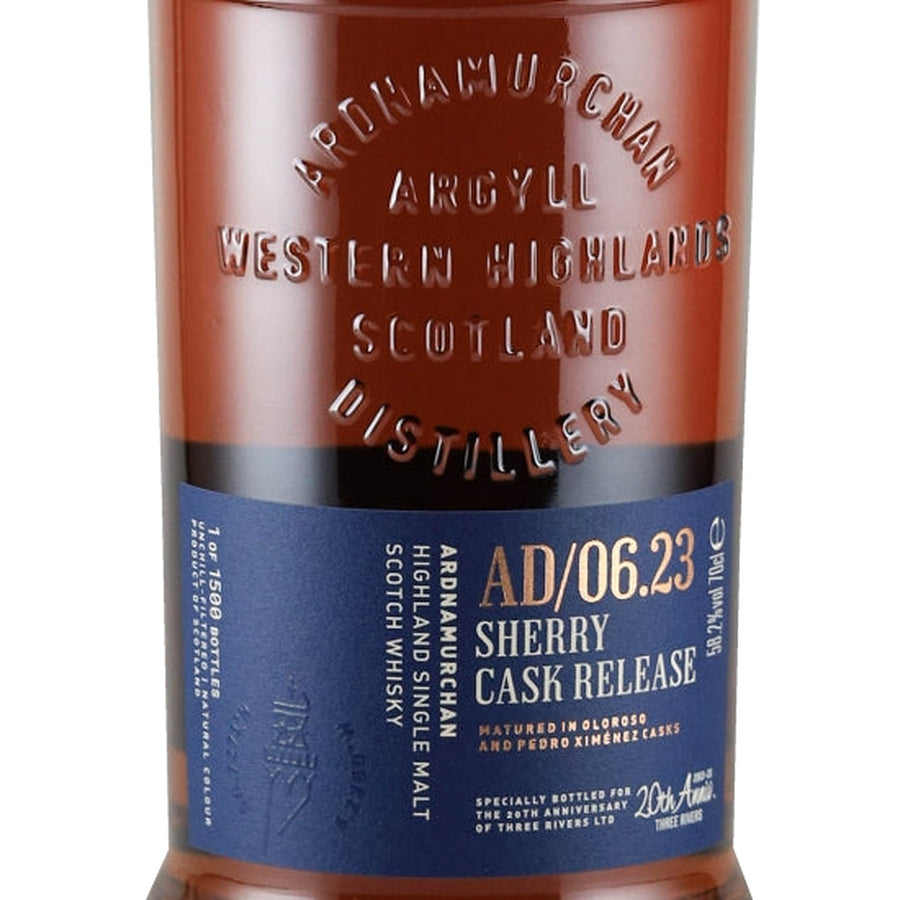 Ardnamurchan Single Malt Sherry Cask for Three Rivers 58.2% - embossed bottle and front label