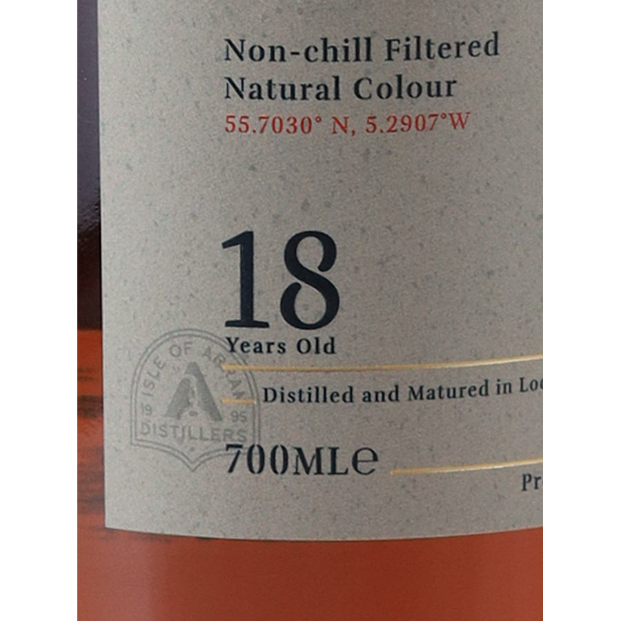 Arran 18 Year Old single malt Scotch whisky, 18 year age statement and 700 ml marking