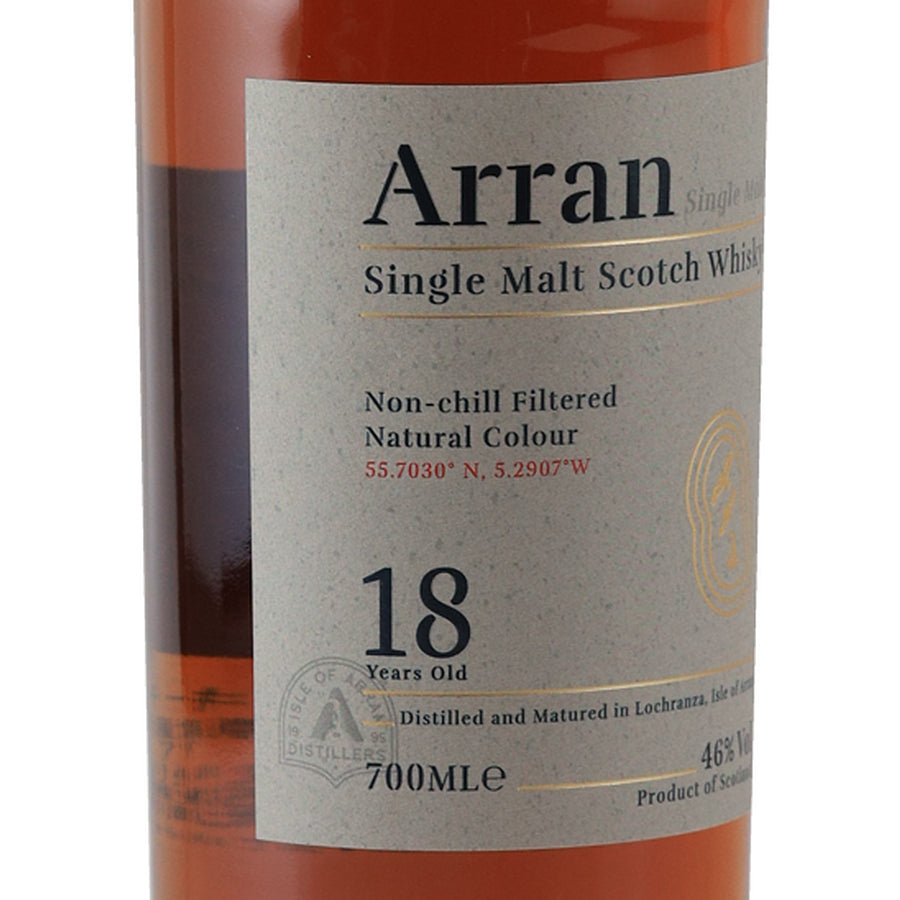 Arran 18 Year Old single malt Scotch whisky, left angle of the front label