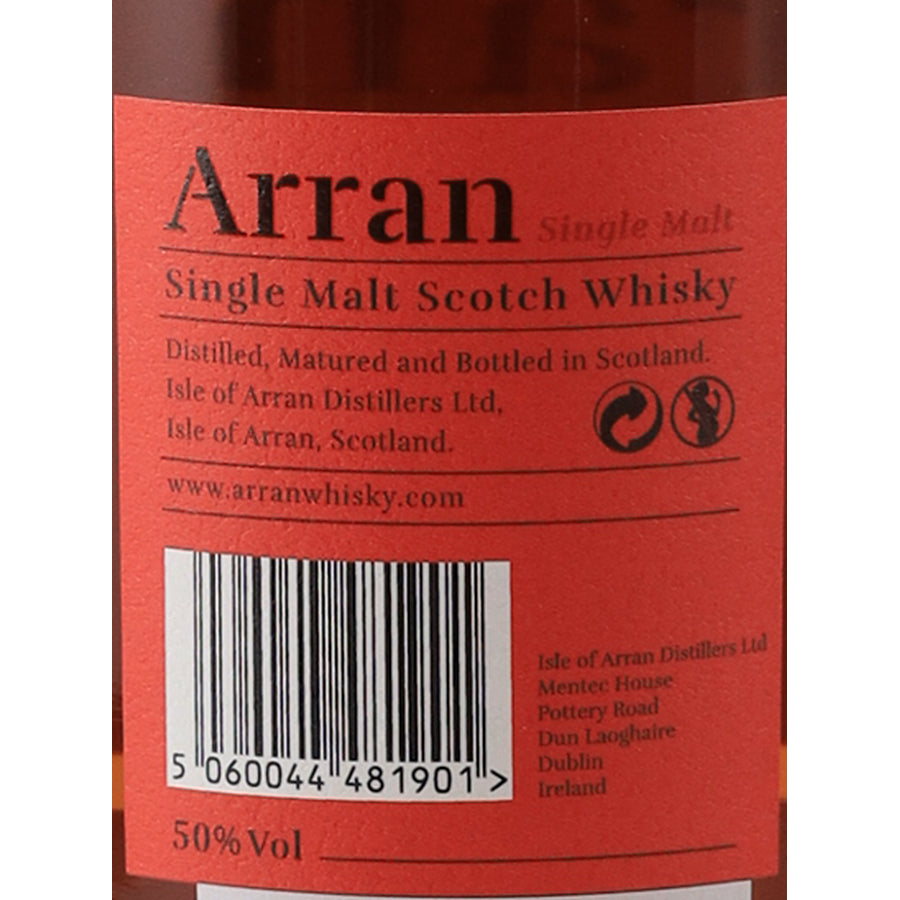 Arran Amarone Cask Finish 700ml single malt whisky, back label with barcode and producer information