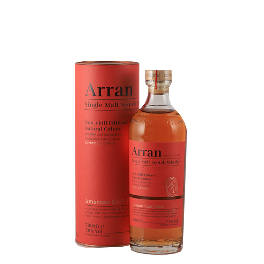 Arran Amarone Cask Finish 700ml single malt whisky, bottle and red presentation tube