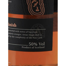 Load image into Gallery viewer, Arran Port Cask Finish single malt whisky label detail showing 50% alcohol by volume