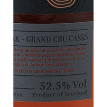Load image into Gallery viewer, Arran Rare Batch 15 Year Old French Oak Grand Cru 52.5% 700ml - cask and abv label