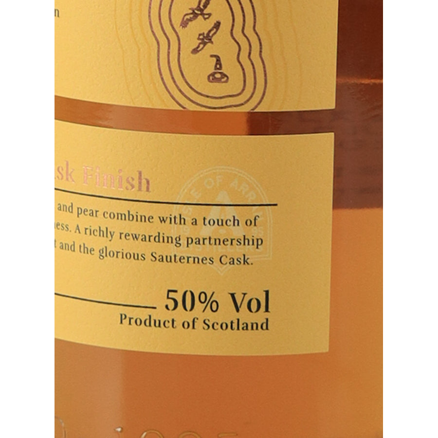 Arran Sauternes Cask Finish single malt whisky label detail showing 50% alcohol by volume