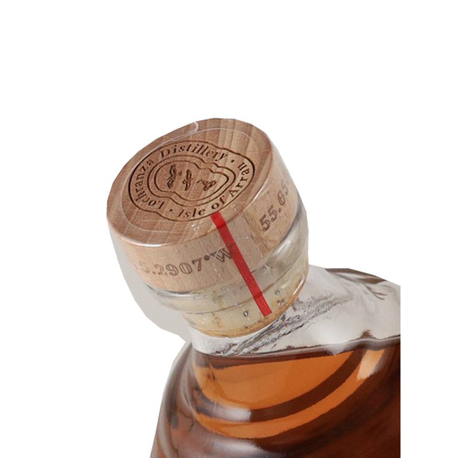 Arran Sauternes Cask Finish single malt whisky angled close-up of the wooden cork with Arran Distillery emblem