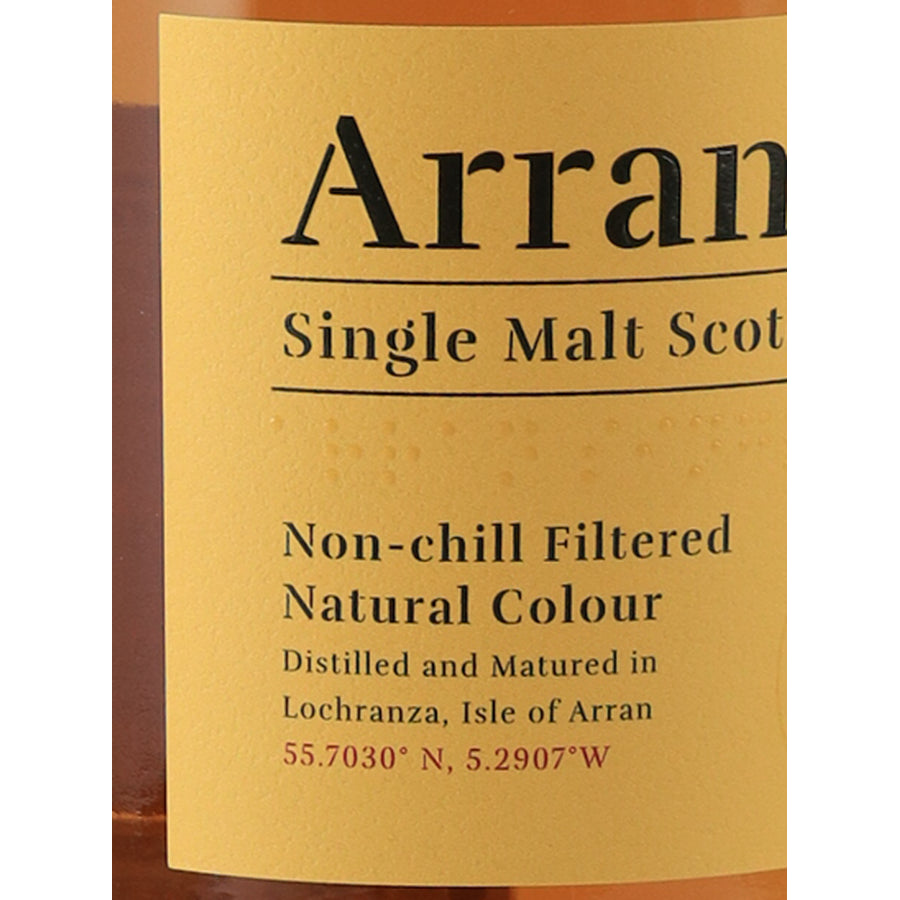 Arran Sauternes Cask Finish single malt whisky label detail showing Lochranza and distillery coordinates
